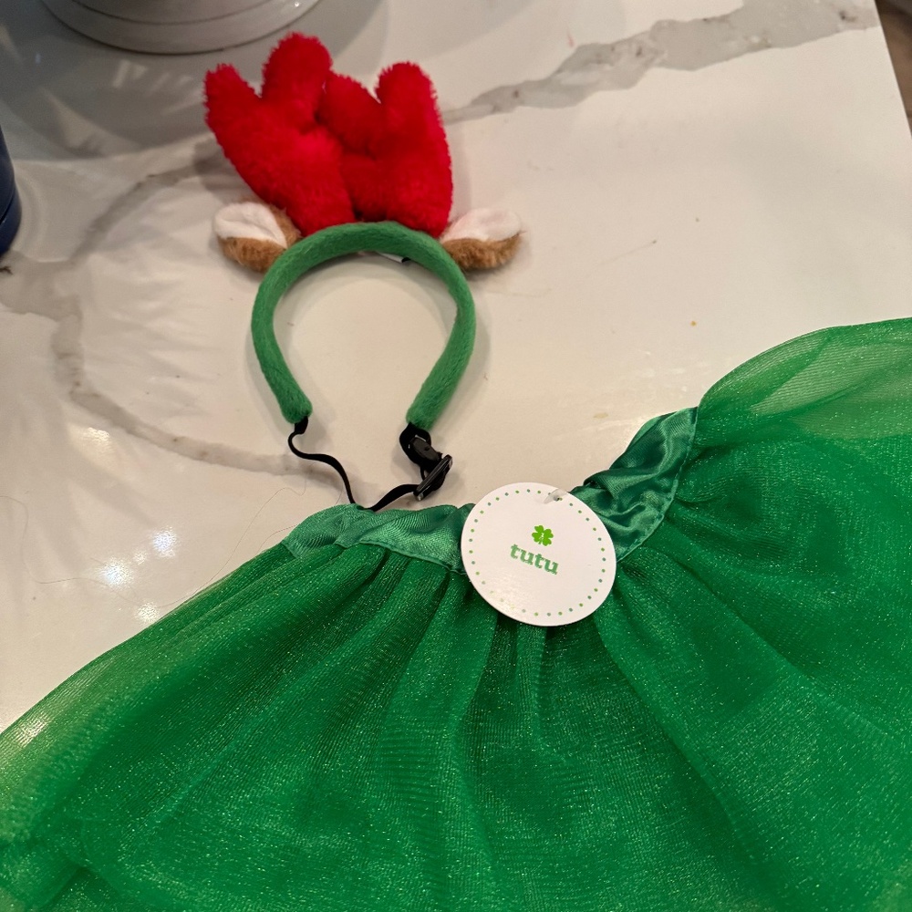 PAWS SMALL/MEDIUM DOG HOLIDAY COSTUME GREEN TU TU & REINDEER HEADBAND